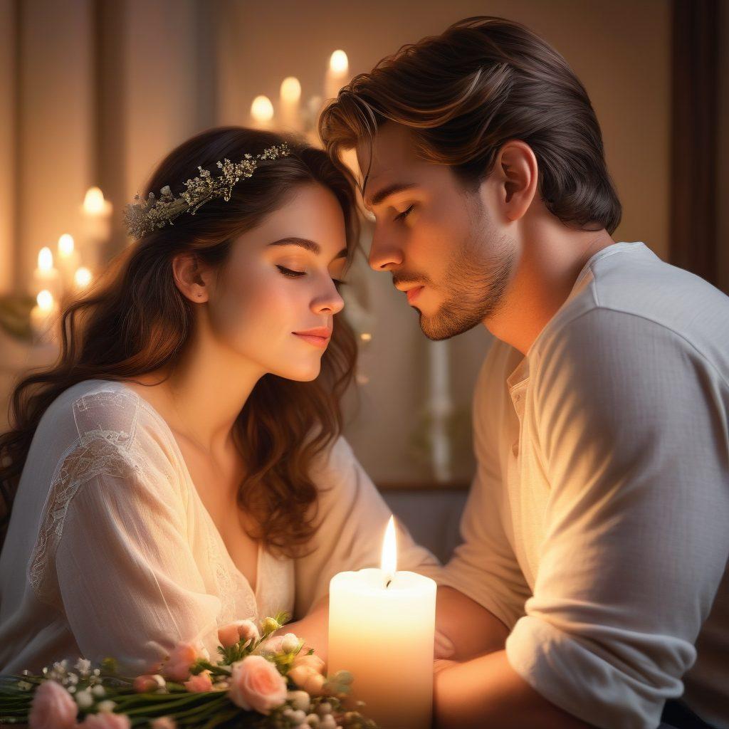 A beautifully intimate scene featuring a couple sitting close together in a softly lit, romantic environment. The focus is on their eyes locked in a tender gaze, as warm candlelight flickers around them, creating a cozy atmosphere. Subtle symbols of connection like intertwined hands and delicate flowers surround them, enhancing the sense of closeness and sensuality. The background is blurred to emphasize their connection, while soft pastel colors evoke warmth and affection. super-realistic. warm tones. soft focus.